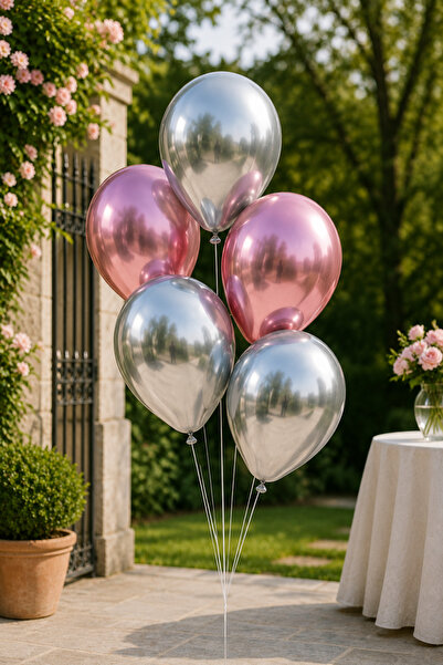 Parti dolabı Krom Parlak Metalik Pembe-Gümüş Renk 5'Li Balon