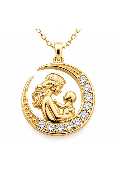 Inure Jewelry قلادة ذهبية مع شكل الأم والطفل داخل هلال فضي