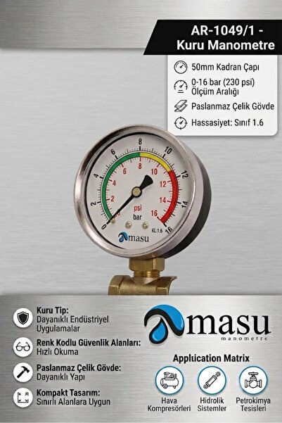 Arus MANOMETRE 50 MM KURU 16 BAR ARKA BAĞLANTILI 1/4