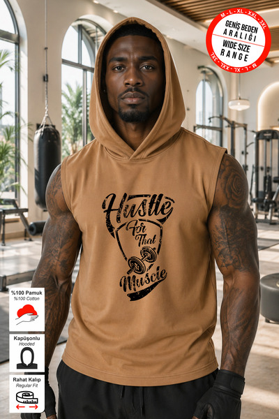 BESSA Men's Hustle Printed Beige Oversize Crew Neck Cotton Hooded Sleeveless ...