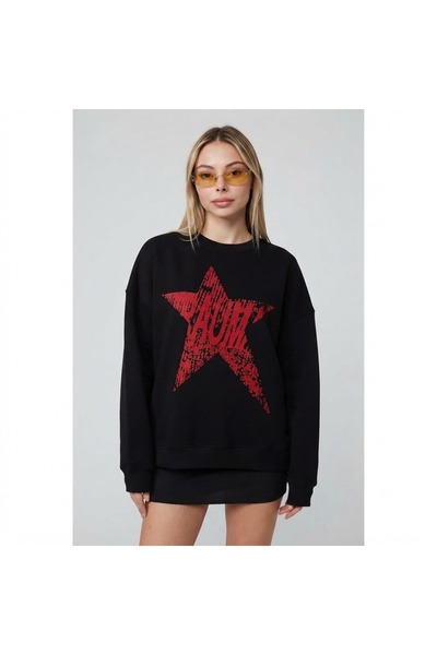 FLEX FASHION Kadın popüler Yıldız detaylı Salaş Oversize trend Triko SİYAH-KI...