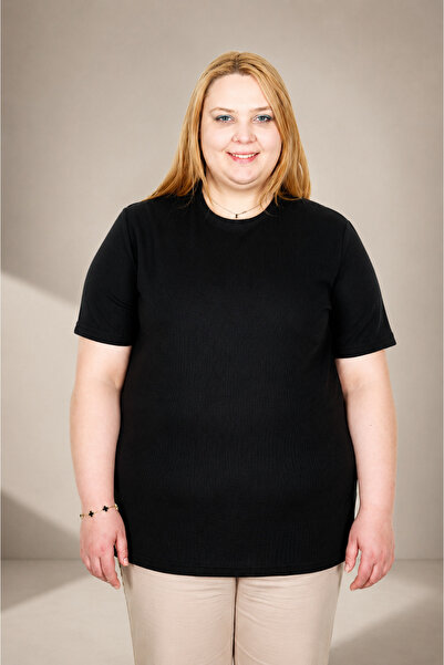 ModeXL Tricou pentru femei Mode XL True Plus Size, cu textură Waffle 20033 NEGRU