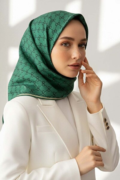Vissona %100 Twill İpek Geometrik Desenli Zümrüt Yeşili Renkli 90x90 Eşarp Di...