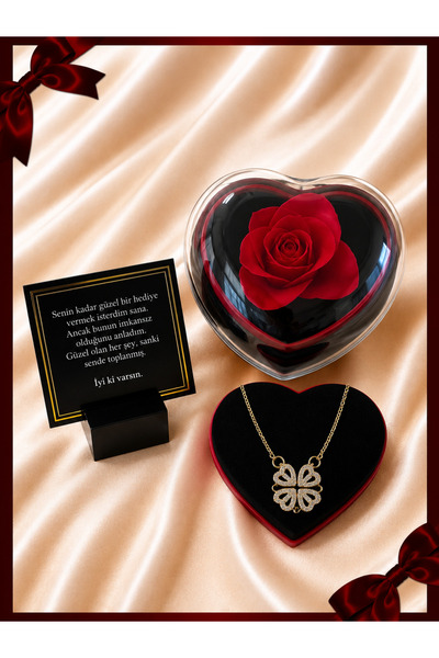 Aroma Hediye Openable Clover Necklace in a Heart Box with Red Roses for Lover...