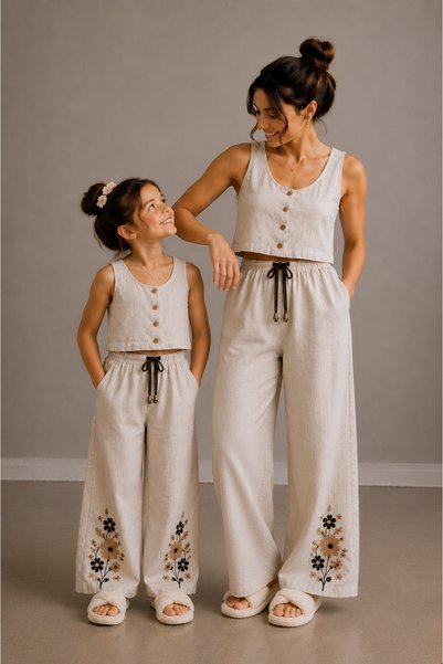 Sahil Collection Embroidery Detailed Summer Linen Fabric Vest and Pants Set (Buy Separately for Mother and Daughter)