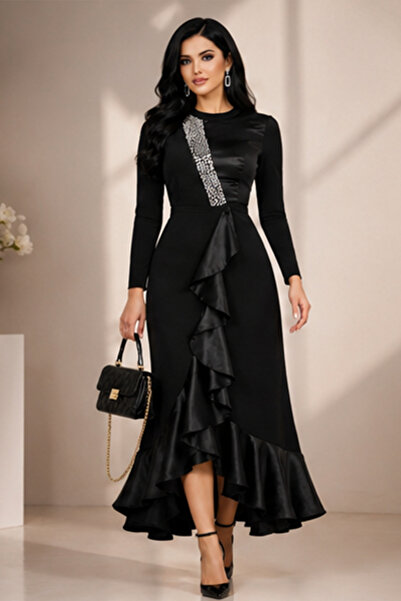 Stylish Fashion فستان من ستايلش فاشن تركي أنيق باللون الأسود مزين بكريستال عل...
