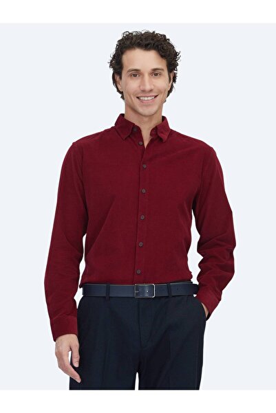 Kip Red Striped Regular Fit Long Woven Velvet Casual 100% Cotton Shirt