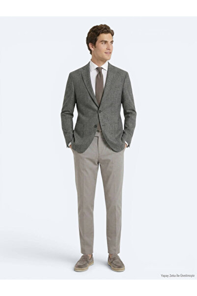 Kip Khaki Patterned Regular Fit Linen Blend Jacket