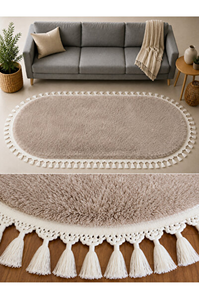 SANRUGS Home & Living Vizon Renk, Akrilik Püsküllü Oval Kesim Post Peluş Yumu...