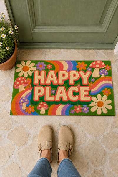 Evsebu Happy Place Μοντέρνο Διακοσμητικό Χαλάκι Εξωτερικής και Εσωτερικής Πόρτας