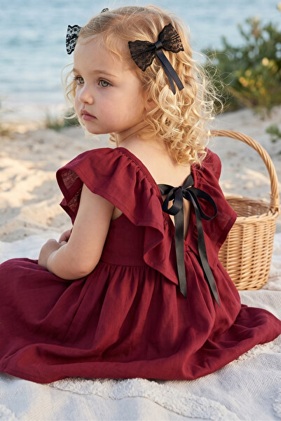 Parla Kids Kız Çocuk Bordo Cherry Fiyonklu Fırfırlı Elbise Toka Takım
