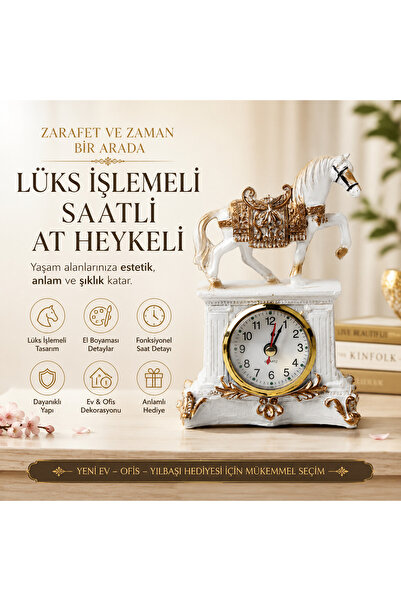 e-life shop Saatli At Heykeli Lüks İşlemeli Dekoratif Masaüstü Biblo Ev Ofis ...