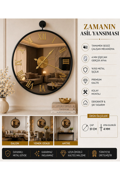 Mgs DUVAR SAATİ -WOODY BLACK BRONZ AYNALI GOLD ROMA RAKAMLI DUVAR SAATİ