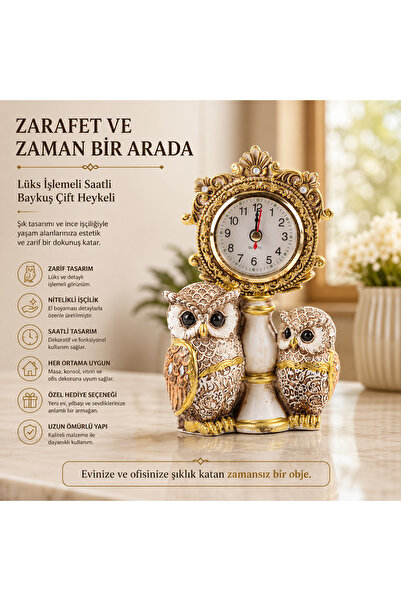 e-life shop Saatli Baykuş Heykeli Dekoratif 2li İşlemeli Masaüstü Biblo Ev Of...