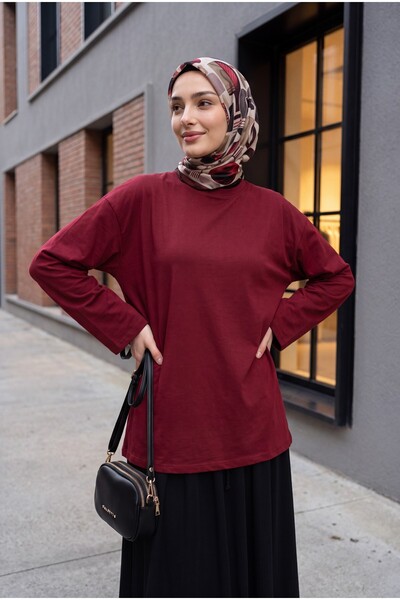 Modamorfo Round Neck Casual Combed Cotton Tunic - Dark Burgundy