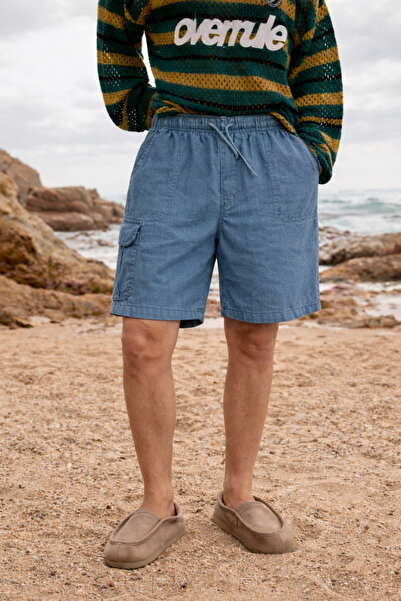 DAMGA JEANS Men's Low Waist Premium Cargo Pocket Blue Linen Shorts