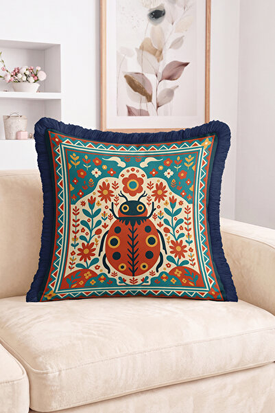 Realhomes Turquoise and Red Patterned Fringed Throw Pillow Cover with Floral ...
