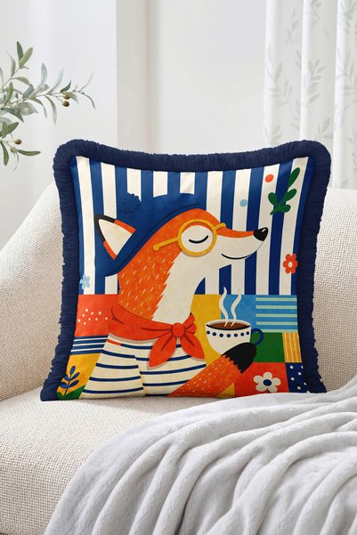 Realhomes Fringed Throw Pillow Cover with Glasses-Wearing Fox Figure, Striped and Patchwork Pattern - Modern Decorative Pillow