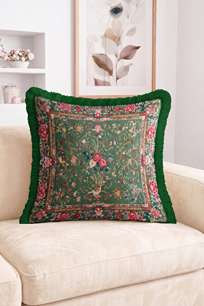 Realhomes Vintage Style Fringed Throw Pillow Cover with Floral and Bird Patte...