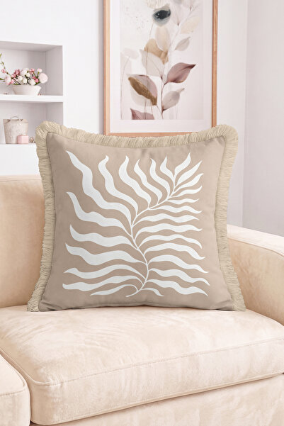 Realhomes Beige Fringed Throw Pillow Cover with White Leaf Silhouette Pattern...