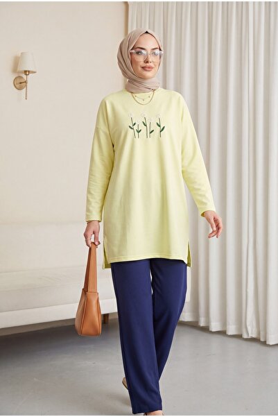 Modamorfo Daisy Embroidered Round Neck Combed Cotton Tunic - Light Yellow