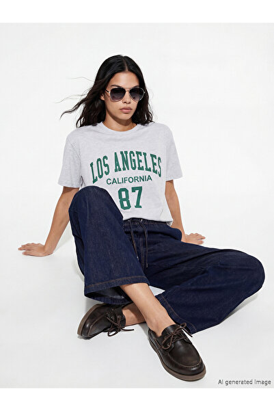 LC Waikiki Original Oval Collar Printed Women's Ribbed T-Shirt