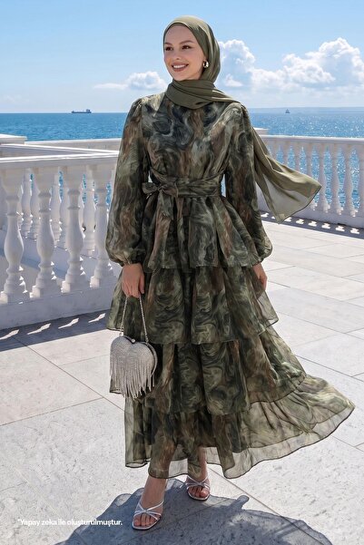 InStyle Rochie verde cu model boem și curea în straturi