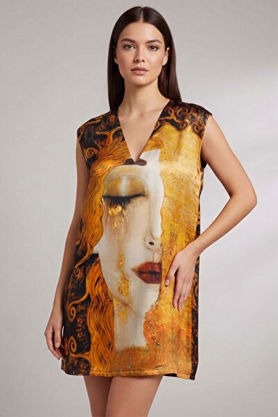 Deriderim Gustav Klimt Ağlayan Kadın Sanat Baskılı İpek Elbise