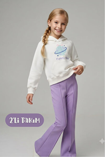 Hilal Akıncı Kids Girl's Design Printed White Sweatshirt Flared 2-Piece Set