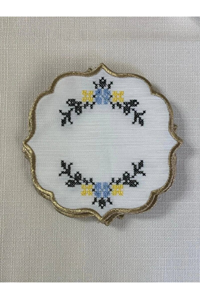 NİVEMESHOME Kanavi̇çe Embroidered Yellow-Blue Oval (6 Pcs) Linen Cocktail Ser...