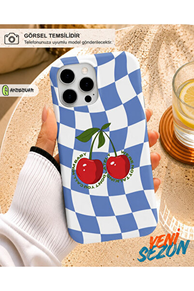 Q Aksesuar iPhone 11 Pro Uyumlu Kiraz Desenli Mavi Ekose Tasarım Telefon Kılıfı