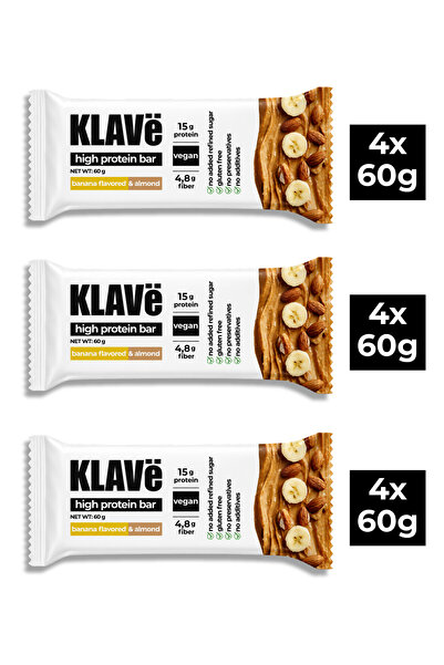 KLAVë Yüksek Protein Bar Muz Aromalı ve Bademli - 60g x 12 Adet - 15g Protein...