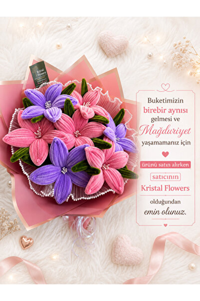 Kristal Flowers Pembe-Mor Zambak Buketi- Şönil