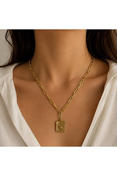 Haziran Accessory, Steel Square Star Gold Necklace