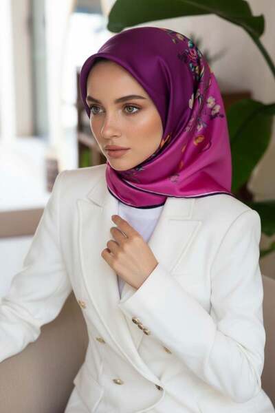 Vissona %100 Twill İpek Sonsuz Çiçek Desenli Mürdüm Renkli 90x90 Eşarp Dikim ...