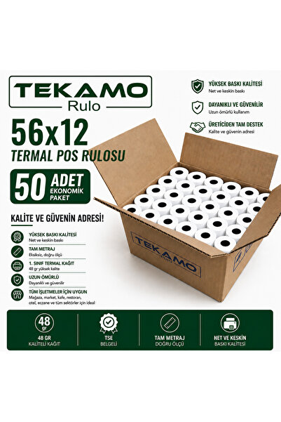 Tekamo 56x12 Yazar Kasa Pos Rulosu ( 50 Adet ) Rulo Kağıt 5 Paket