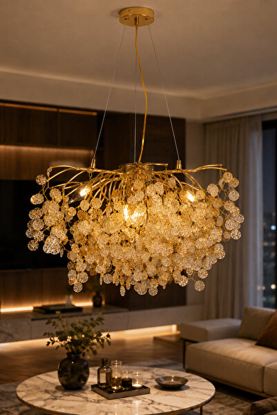 Apliqa Masal 60'lık Yuvarlak Gold Kristal Taşlı Modern, Oturma Odası, Salon A...