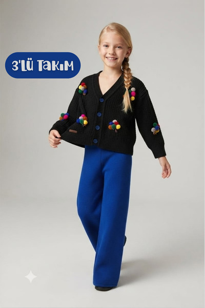 Hilal Akıncı Kids Girl's Embroidered Balloon Embroidered Black Knitwear Cardi...
