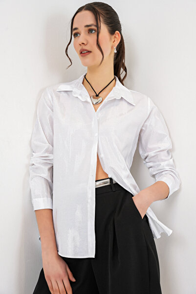 Merterium Women's White Silver Foil Patterned Shirt 1340