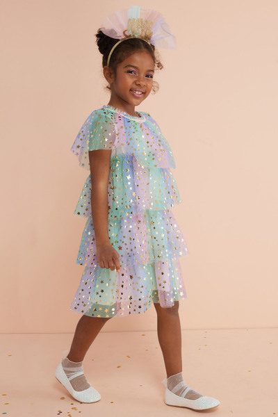 Le Mabelle Multicolored Star Printed Tiered Tulle Girls' Dress - Estela