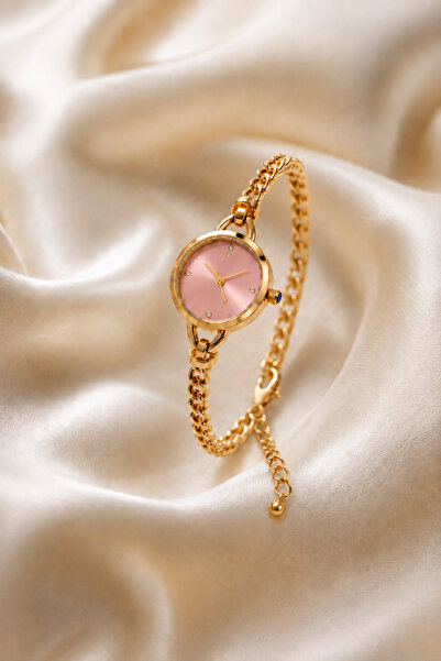 Reddington Women's Gold Color Chain Cord Pink Dial Minimal Stylish Wristwatch