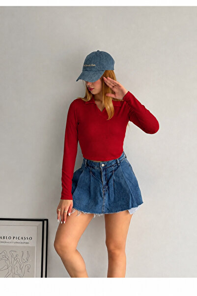 Swana V-Neck Polo Regular Fit Slim Fit Long Crop Ribbed Blouse-Red