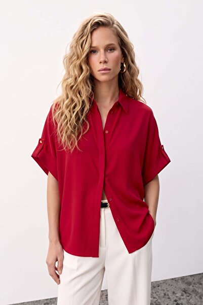 Sateen Casual Shirt with Sleeve Detail - Red