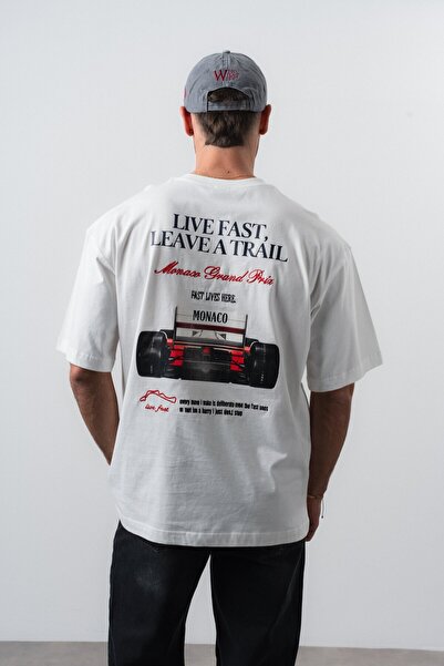 Respire Men's Live Fast Printed Oversize T-Shirt Ecru