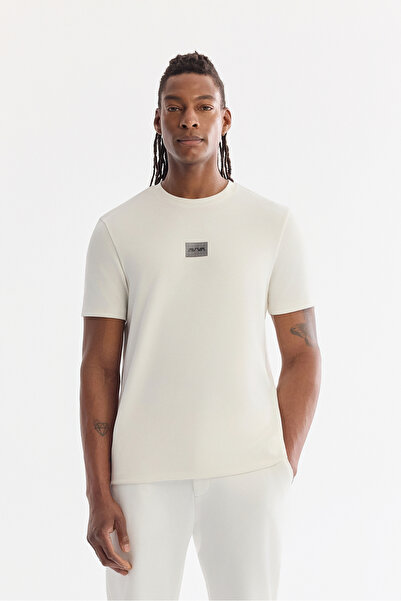 Avva Men's Ecru Crew Neck Viscose Blended Printed Bi-Stretch Interlock Regula...