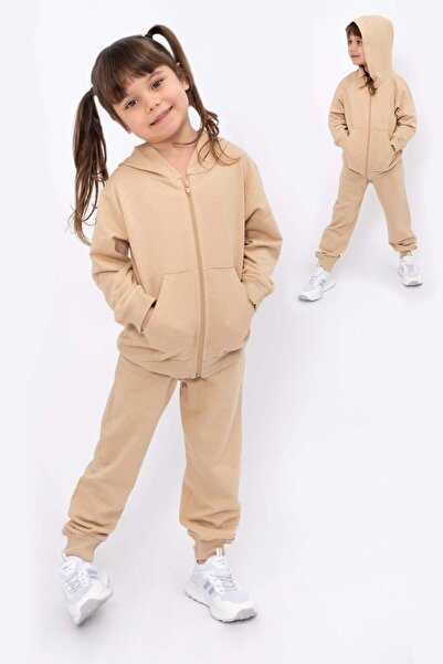 Bubito Unisex Çocuk Kapüşonlu Pamuklu 2'li Alt Üst Takım - Bej