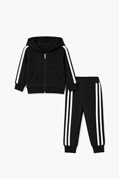 Bubito Side Striped Zippered Hooded Sports 2-Piece Baby Bottom and Top Set-Black