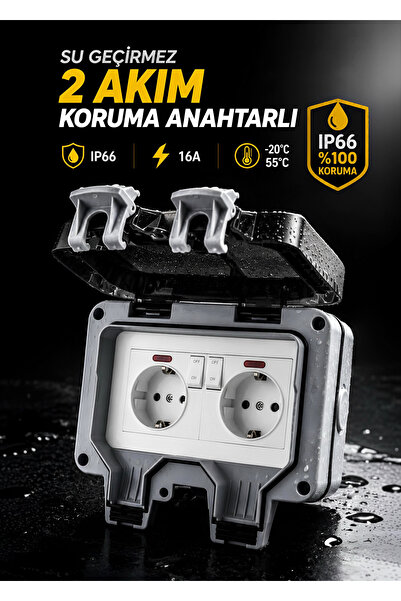 Nexo IP66 Dış Mekan 2'Li Priz, 2 Akım Koruma Su Geçirmez Priz 16A Kapaklı Ele...