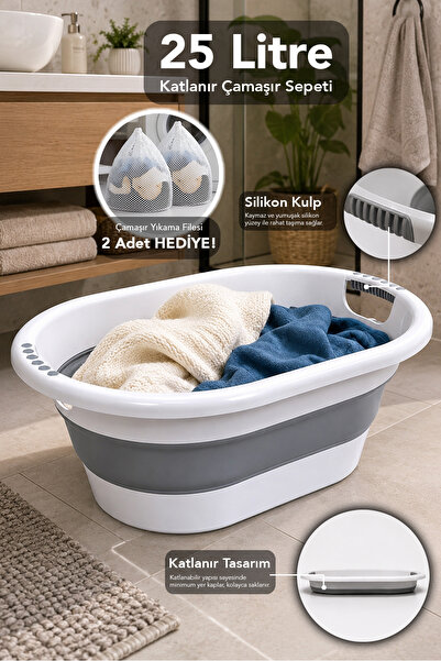 Meleni Home 25 Lt Akordiyon Çamaşır Sepeti - Katlanabilir Silikon Kulplu Çama...