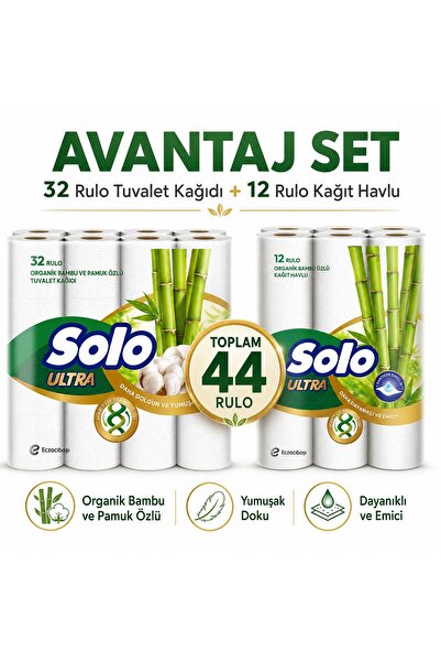 Solo Avantaj Set Ultra Kağıt Havlu 12 Li Rulo + 32 Rulo Tuvalet Kağıdı Organi...